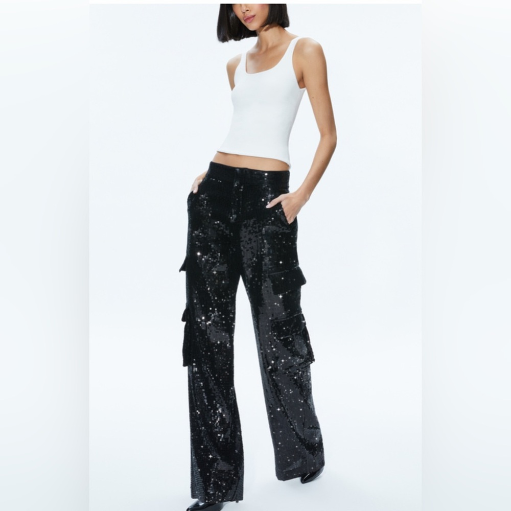 Alice + Olivia Hayes Black Sequin Wide Leg Pants, size 4